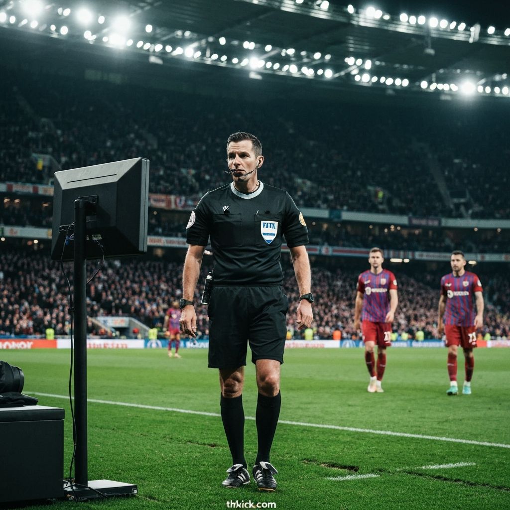 ผู้ตัดสินกำลังตรวจสอบภาพจากจอ VAR ข้างสนาม